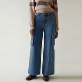 mgo wide leg medium blue 7 pockets cargo jeans for women